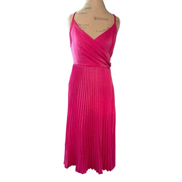 Women's Boho Hot Pink V Neck  Pleated Midi Crossover Dress Tie Back SZ L NWOT - Picture 1 of 5